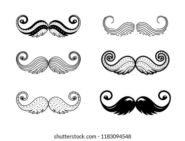 Hipster mustache vector icon set. Moustache photo booth props. Hat, glasses, speech bubble. Vector silhouette. Logo isolated on white background 