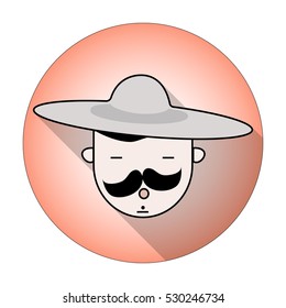 Hipster with mustaches in hat.Icon with long shadow.Vector illustration