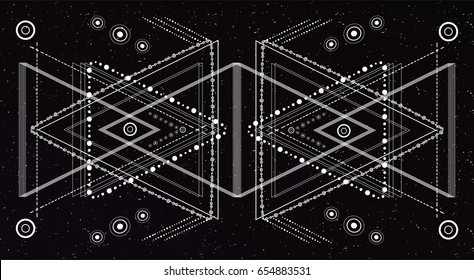 Hipster mystic sacred geometry Blackwork tribal tattoo.Polyhedron polygon triangle,circle, dots, geometric mathematical forms.Abstract background.Vector.Boho dotwork design.Navajo jewelry decorations.