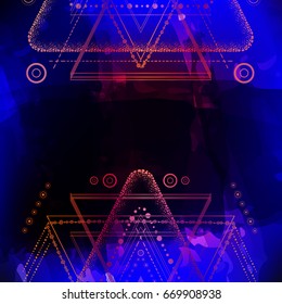 Hipster mystic sacred geometry on handcrafted blue watercolor background. Boho chic magic indigo spaces.Triangle,circle, dots, geometric forms.Vector. Dotwork design.Navajo jewelry decorations.
