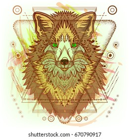 Hipster mystic sacred geometry on handcrafted yellow watercolor background. Boho chic magic indigo spaces.Triangle,circle, dots, geometric forms.Vector. Fox tribal totem tattoo animal.