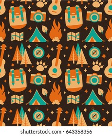 Hipster nature travel adventure seamless pattern. Vector flat style modern illustration icon. ukulele, camping backpack. tent. forest. compass. camera. bonfire. isolated, map. stars.brown.orange.green