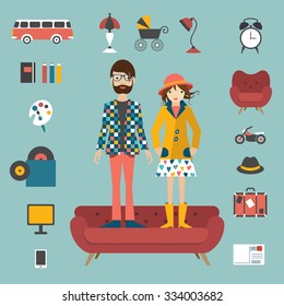 Hipster needs couple style concept. Vector illustration.