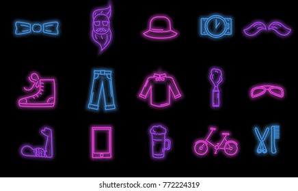 Hipster neon icon set with accessories in line art style with trendy clothing, gadgets, bicycle, icons collection, flyer, vector illustration