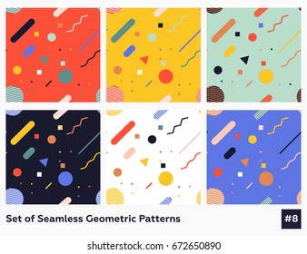 Hipster Neon Memphis Style Geometric Pattern.Set of  Abstract Seamless Pattern with Lines, Circles and Squares. Vector Illustration.