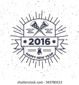 Hipster New Year 2016, Badge and Trumpet, Distressed Vector