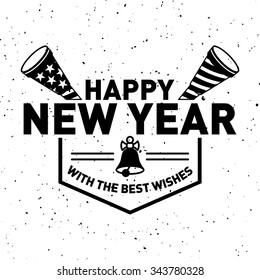 Hipster New Year 2016, Badge and Trumpet, Distressed Vector