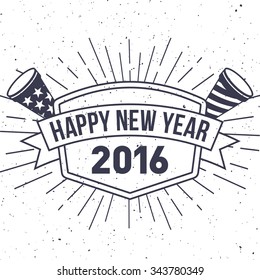 Hipster New Year 2016, Badge and Trumpet, Distressed Vector