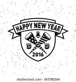 Hipster New Year 2016, Badge and Trumpet, Distressed Vector