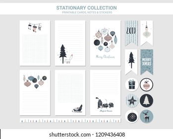 Hipster New Year And Merry Christmas Stationary Set. Vector Printable Cards, Stickers And Banners With Christmas Balls, Patterns, Tree, Snowflake, Etc.