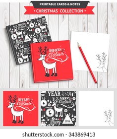 Hipster New Year and Merry Christmas set. Vector printable notepad design of cover and papers with dear, santa, tree, snowflake, etc.