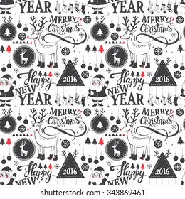 Hipster New Year and Merry Christmas seamless pattern.