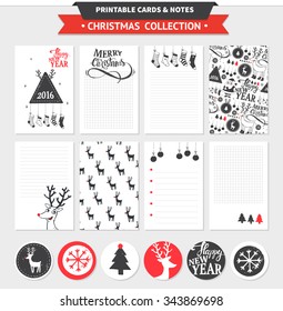 Hipster New Year and Merry Christmas set. Vector printable cards, notes and stickers with dear, santa, tree, snowflake, etc.