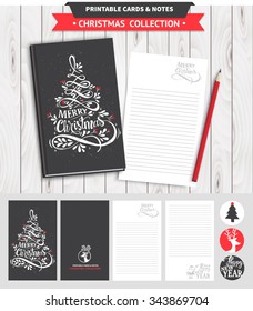 Hipster New Year and Merry Christmas set. Vector printable notepad design of cover and papers with lettering, dear, tree, snowflake, etc.