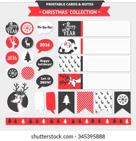 Hipster New Year and Merry Christmas set. Vector printable cards, stickers and banners with dear, santa, tree, snowflake, etc.