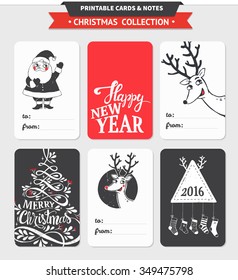 Hipster New Year and Merry Christmas set. Vector printable cards, stickers and banners with dear, santa, tree, snowflake, etc.