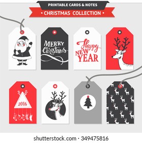 Hipster New Year and Merry Christmas set. Vector printable cards, stickers and banners with dear, santa, tree, snowflake, etc.