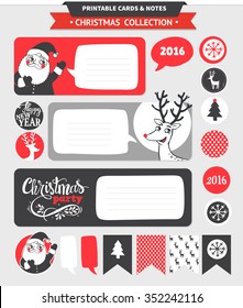 Hipster New Year and Merry Christmas set. Vector printable cards, stickers and banners with dear, santa, tree, snowflake, etc.