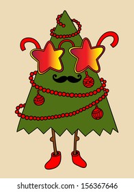 hipster new year tree with star glasses and moustaches, christmas decoration, merry christmas! happy new year!