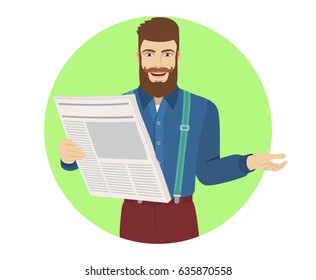 Hipster with newspaper gesturing. Portrait of hipster character in a flat style. Vector illustration.