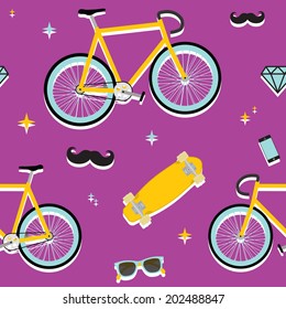 Hipster objects seamless purple vector pattern