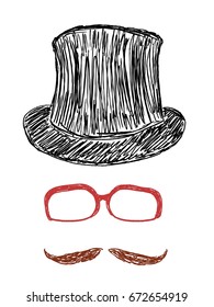 Hipster objects set doodle - glasses, top hat and mustache vector illustration.