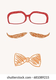 Hipster objects set doodle - glasses, mustache and bow tie vector illustration.