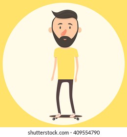 Hipster on longboard. Isolated vector illustration.