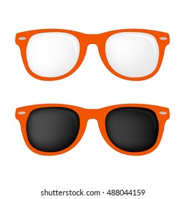 Hipster orange color glasses and sunglasses vector set on the white background