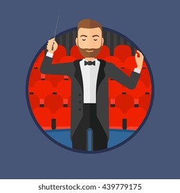 A hipster orchestra conductor with the beard directing with baton. Man conducting an orchestra on the background of concert hall. Vector flat design illustration in the circle isolated on background.