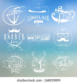 Hipster original white labels on blue background with lumber ax and vintage camera  abstract vector isolated illustration