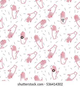 Hipster outline hands vector seamless pattern. Fun doodle background. Red outline human arms with diamond rings on white pattern.