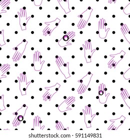 Hipster outline hands vector seamless polka dot pattern. Fun doodle background. Purple line human arms with diamond rings on white pattern.