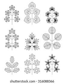 Hipster Outlined Tree Icon Set Isolated, Vector set of leaves