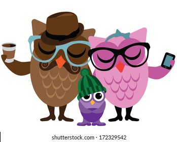 Hipster owl family. EPS 10 vector. grouped for easy editing. No open shapes or paths. 