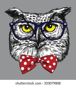 Hipster Owl with glasses and bow tie. Glasses and tie are separated.