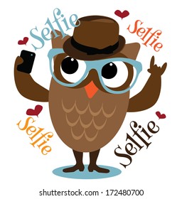 Hipster owl taking a selfie. EPS 10 vector, grouped for easy editing. No open shapes or paths.