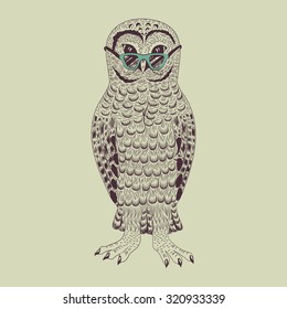 Hipster owl vector illustration. Graphic detailed brown bird.