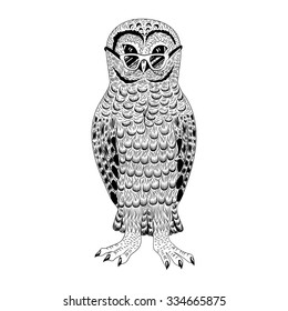 Hipster owl vector illustration. Graphic detailed black bird. Wild things.