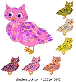 Hipster owls in doodle style. Hand drawn set of cute birds. Design for prints and T-shirts.