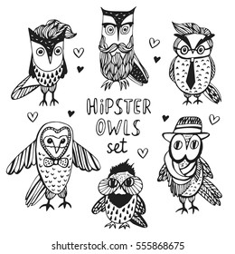 Hipster owls in doodle style. Hand drawn vector set of cute birds. Design for prints and T-shirts.