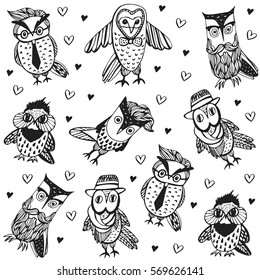 Hipster owls in doodle style. Hand drawn vector set of cute birds. Design for prints and T-shirts.