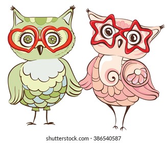 Hipster owls in glasses. Greeting card with cute birds couple. Vector hand drawn illustration