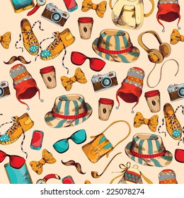 Hipster pack sketch coloder seamless pattern with retro fashion trendy  accesoories vector illustration