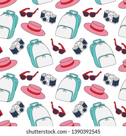 Hipster pack sketch colored summer seamless pattern with retro fashion trendy accesoories vector illustration. Backpack, sunglasses, hat and camera doodle bright elements isolated on white background