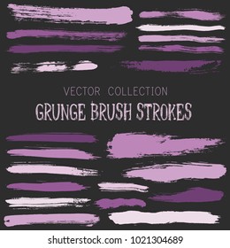 Hipster paint brush strokes vector band, color scheme vintage elements graphic design set. Marker pen traces, highliter hand drawn lines, ink or watercolor paint splashes, horizontal violet lines.