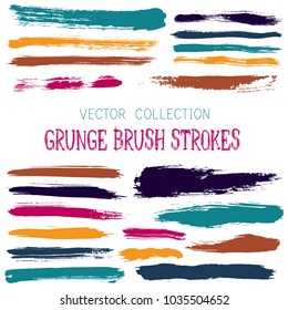 Hipster paint brush strokes vector band, color scheme vintage elements graphic design set. Marker pen traces, highliter hand drawn lines, ink or watercolor paint splashes, horizontal vintage lines.