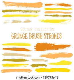 Hipster paint brush strokes vector band, color scheme vintage elements graphic design set. Marker pen traces, yellow hand drawn lines, ink or watercolor paint splashes, horizontal vintage lines.