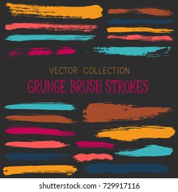 Hipster paint brush strokes vector band, color scheme vintage elements graphic design set. Marker pen traces, highliter hand drawn lines, ink or watercolor paint splashes, horizontal vintage lines.
