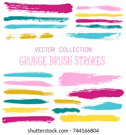 Hipster paint brush strokes vector band, color scheme vintage elements graphic design set. Marker pen traces, highliter hand drawn lines, ink or watercolor paint splashes, horizontal vintage lines.